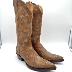 OLD GRINGO Brown Leather Blue Stitch Angel Wing Boho Western Cowboy Boots 6.5